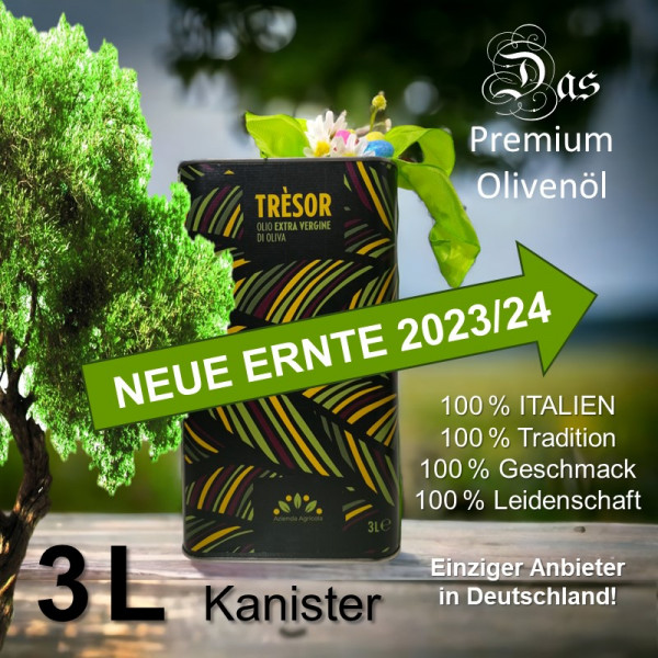3 l Kanister TRÈSOR (Ernte 2023/24) Italienisches Premium-Olivenöl Extra Nativ
